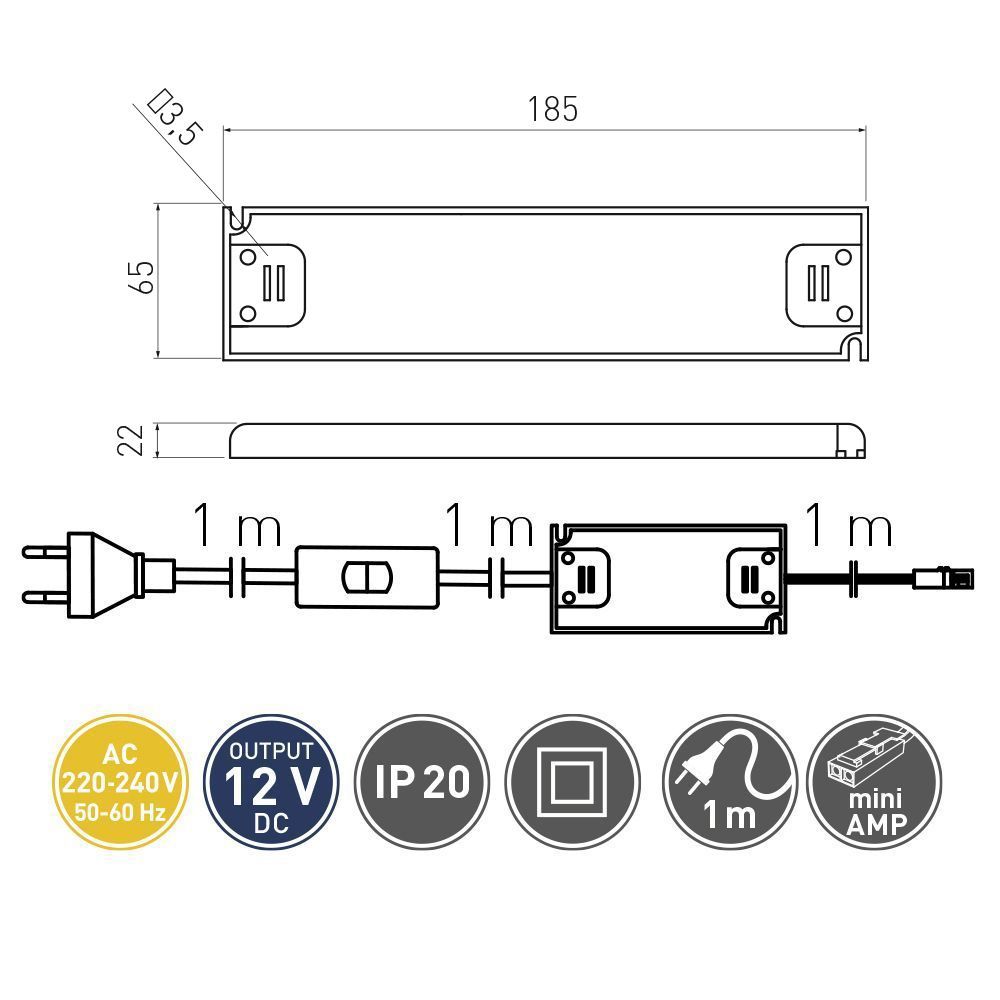 Блок питания для светодиодов 220/12V 50W, IP20, 22 мм с проводом и выключателем GTV 9051 Блок питания для светодиодов 220/12V 50W, IP20, 22 мм с проводом и выключателем - фото 2