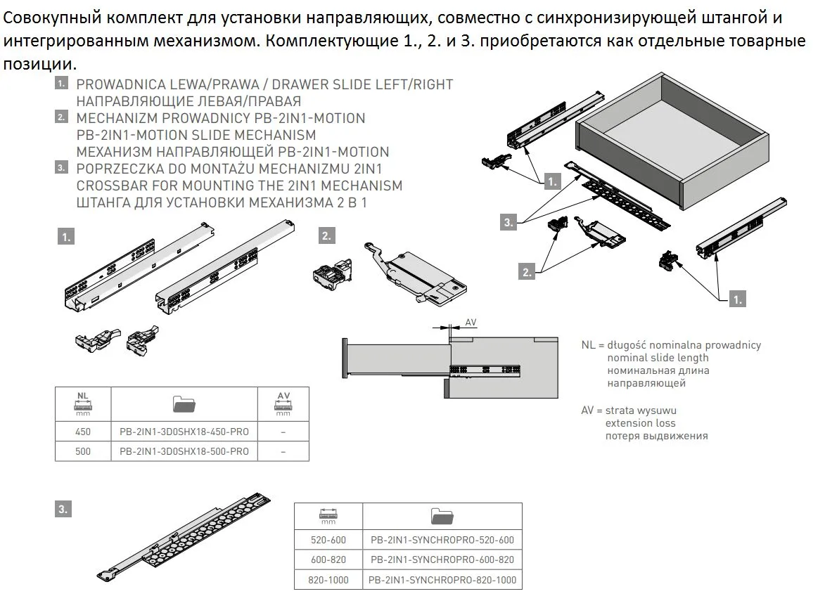 Направляющие скрытого монтажа Soft Move L-500мм, полного выдвижения 2 в 1,  регулировка 3D, синхронизация PB-2IN1-3D0SHX18-500-PRO купить в  Санкт-Петербурге - GTV-Меридиан