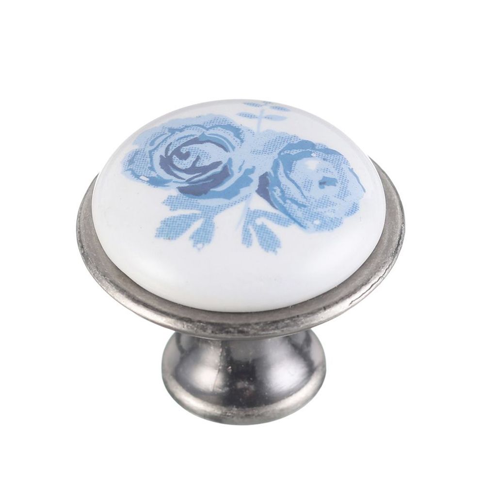 Ручка мебельная керамика кнопка GP-0728-J4-A (синяя роза) античное серебро GTV