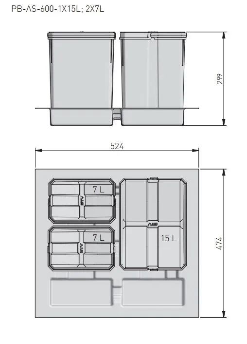 Комплект ведер AxiSpace для модуля 600 мм (1x15L+2x7L) антрацит GTV PB-AS-600-1x15L-2X7L 26209 Комплект ведер AxiSpace для модуля 600 мм (1x15L+2x7L) антрацит Комплект ведер для мусора без выдвижения - фото 2