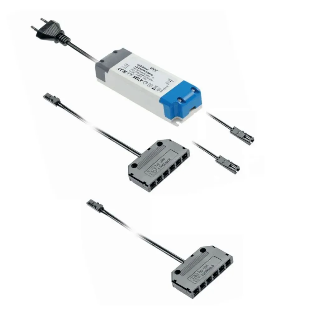 Блок питания для светодиодов 220/12V 54W, IP20, 6хMINI АМР, с проводами и дистрибьютером GTV, цвет белый/синий/черный