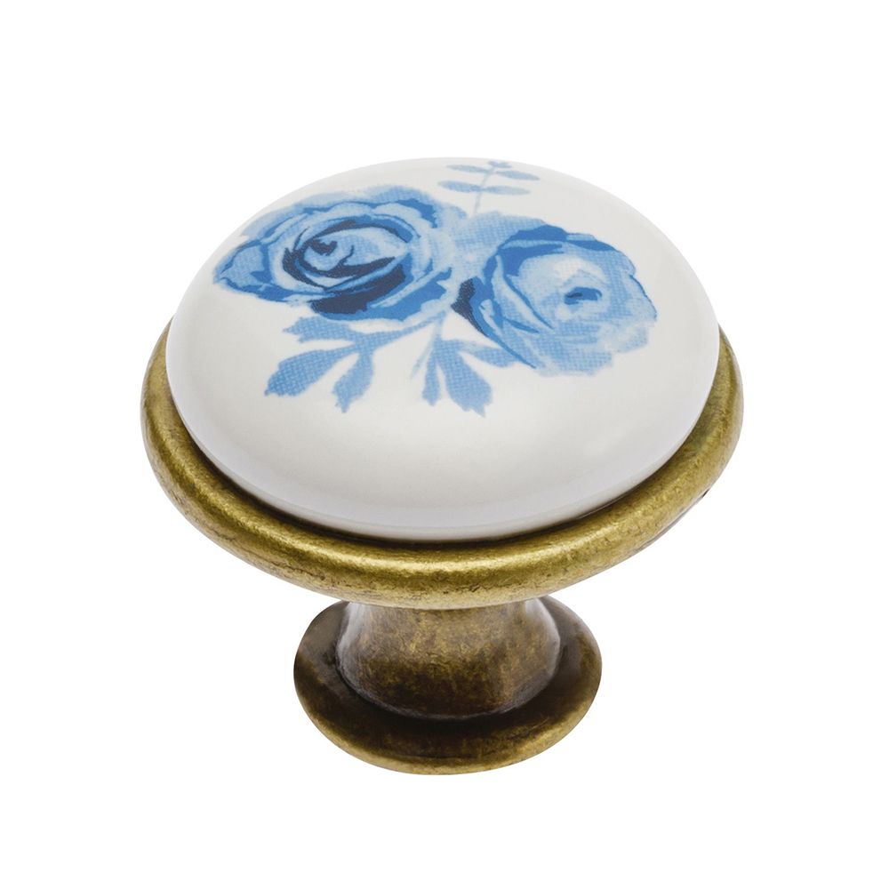 Ручка мебельная керамика кнопка GP-0728-J4-A (синяя роза) старое золото GTV 14094 Ручка мебельная керамика кнопка GP-0728-J4-A (синяя роза) старое золото - фото 1