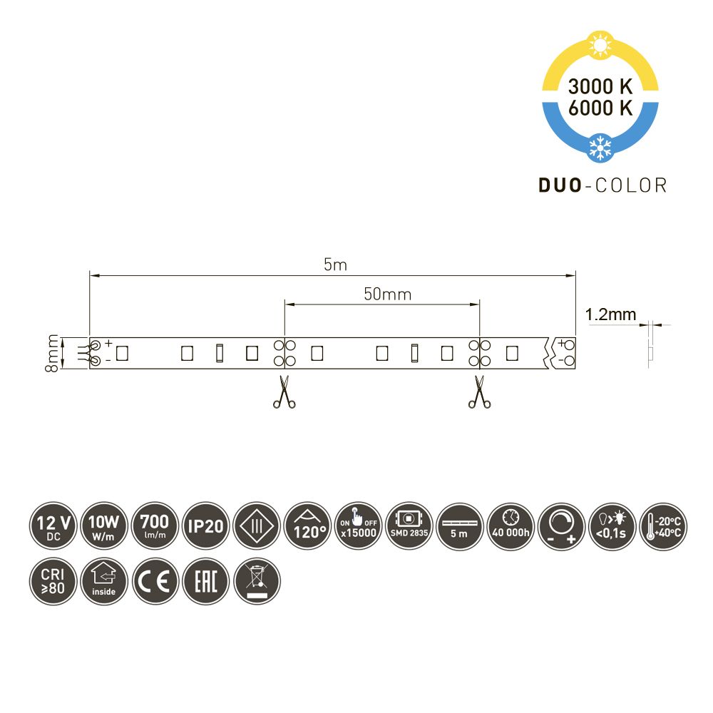 Светодиодная лента GTV 2835, 120 д/м, 10W, 12V, IP20, CCT, FLASH, 8мм,  открытая LD-2835-60-60-20-CCT купить в Санкт-Петербурге - GTV-Меридиан