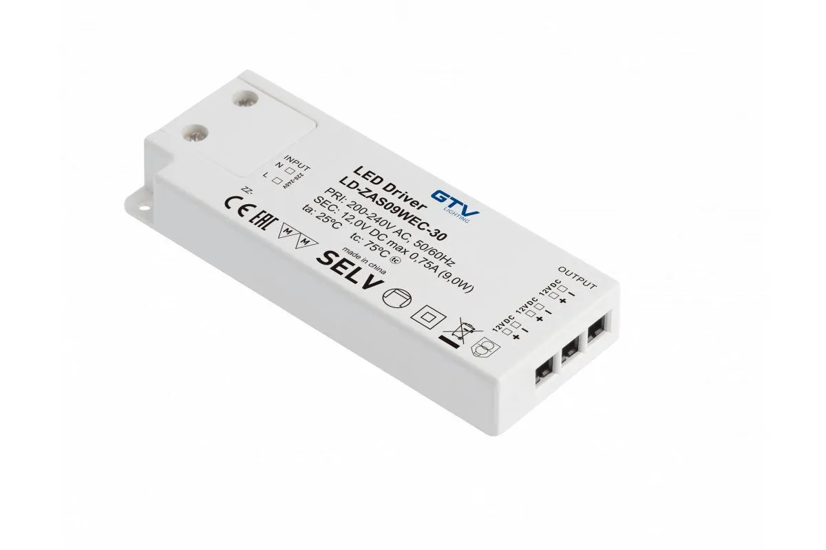 Блок питания для светодиодов SLIM EASY CLICK 220/12V 9W IP20, с mini amp и  проводом 1,5м LD-ZAS09WEC-30 купить в Санкт-Петербурге - GTV-Меридиан