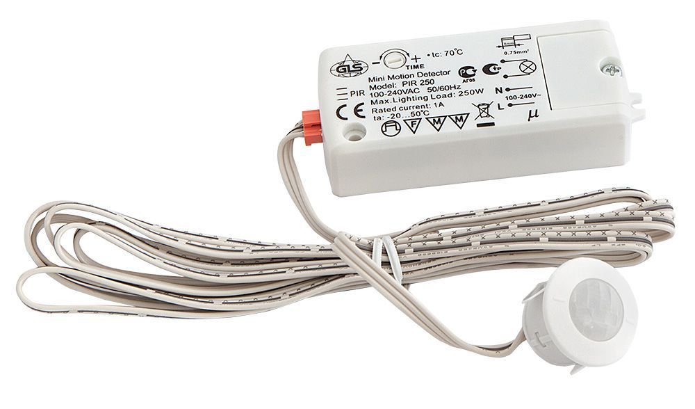 Выключатель врезной PIR250, датчик движения 2м, max 220V, max 250W, провод 2м, белый GLS