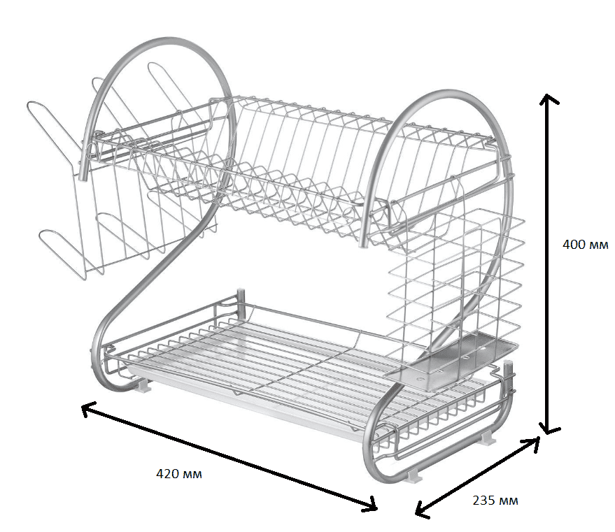 Посудосушитель настольный двухуровневый 420*235*400, с поддоном, хром Сетчатые изделия 13959 Посудосушитель настольный двухуровневый 420*235*400, с поддоном, хром - фото 4