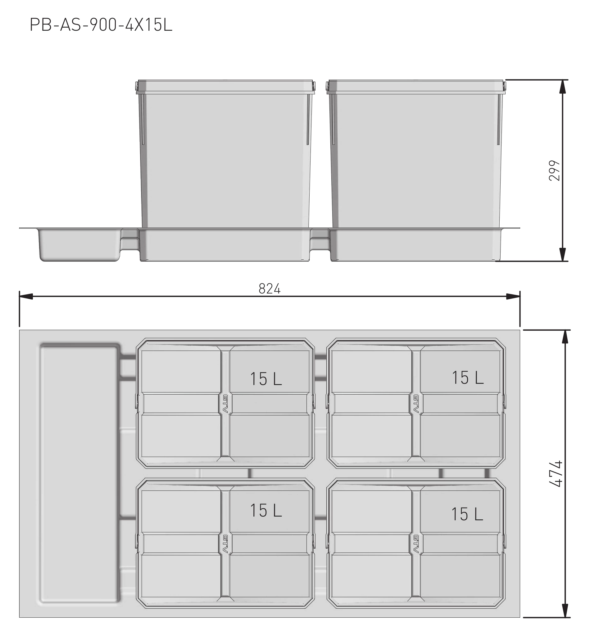 Комплект ведер AxiSpace для модуля 900 мм (4x15L) антрацит PB-AS-900-4x15L  купить в Санкт-Петербурге - GTV-Меридиан