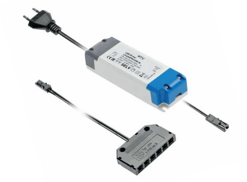 Блок питания для светодиодов 220/12V 24W, IP20, 6хMINI АМР, с проводами и дистрибьютером GTV, цвет белый/синий/черный