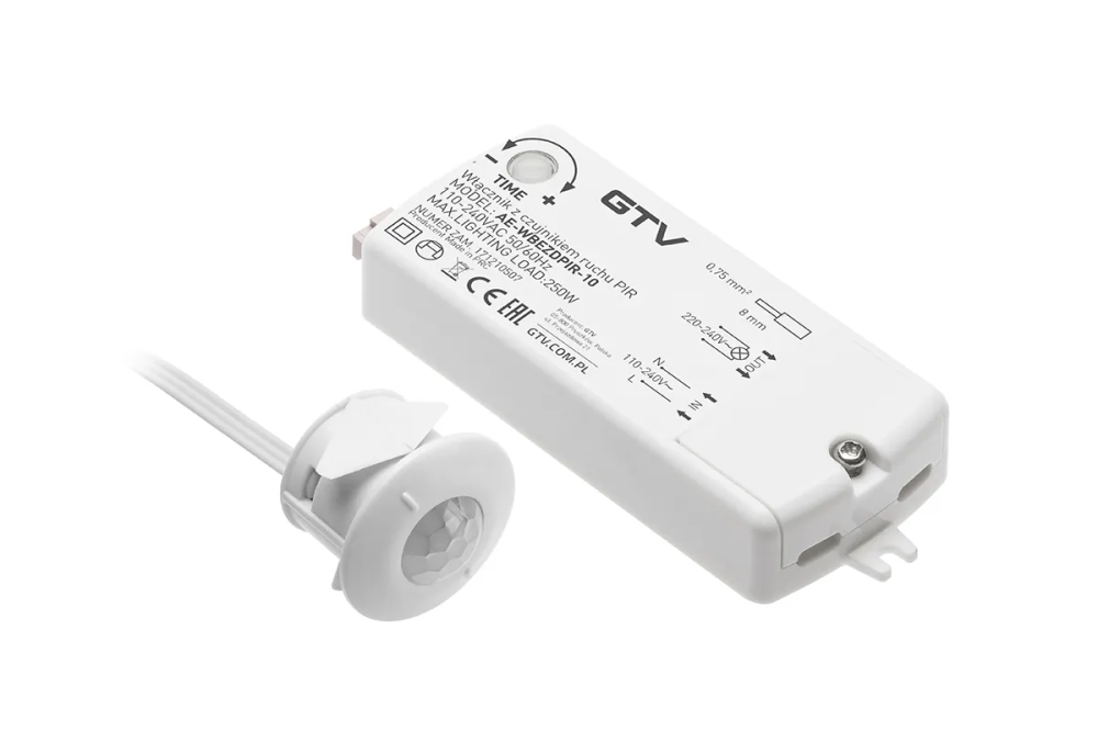 Выключатель бесконтактный  PIR 230V, максимально 250 Вт, кабель 2 м, белый GTV AE-WBEZDPIR-10 16781 - фото 1